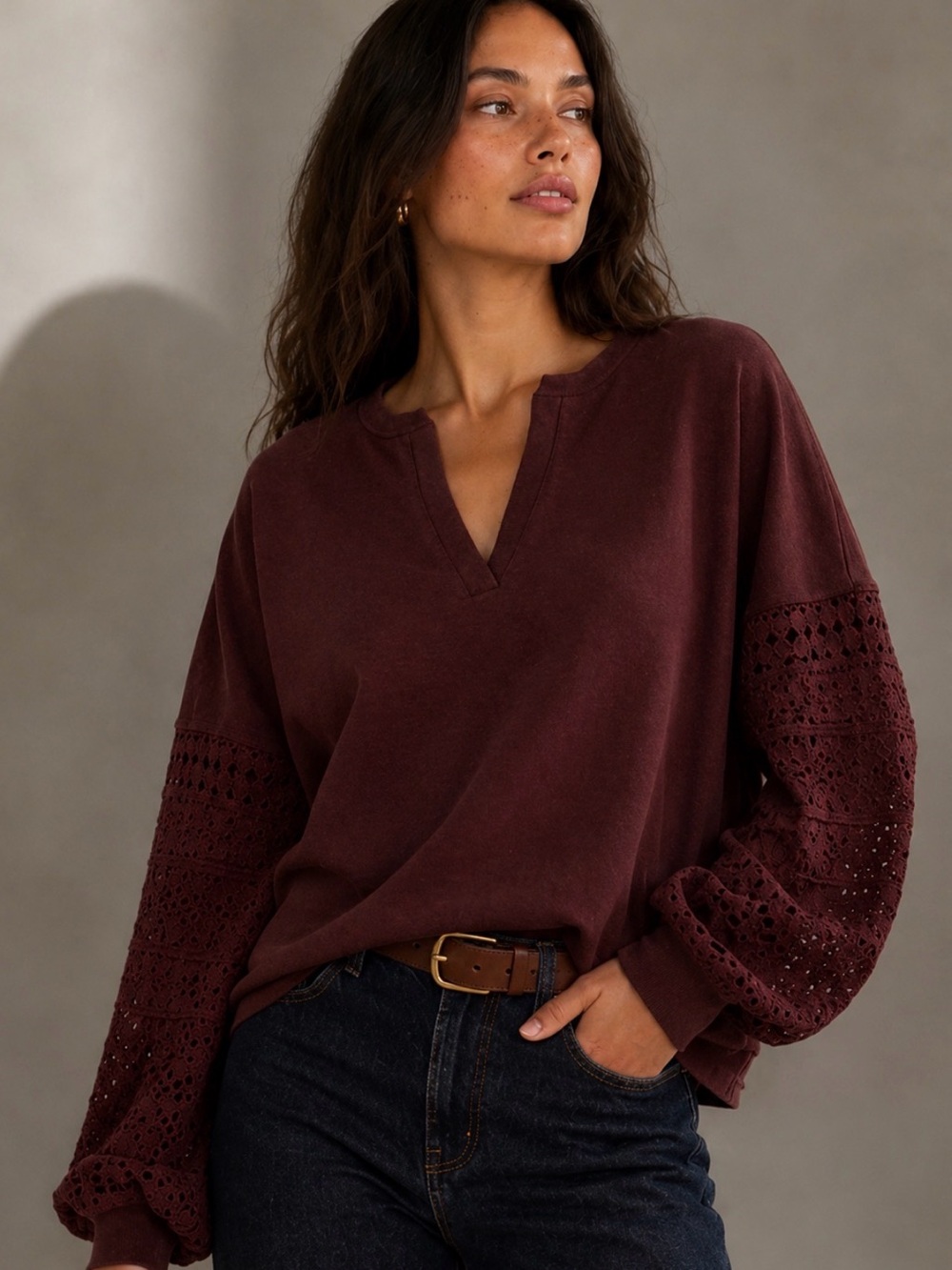 Anthropologie Crochet-Sleeve Pullover Sweatshirt in Deep Burgundy